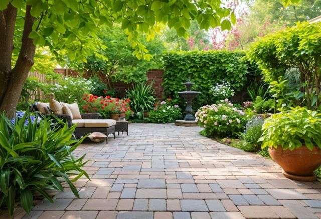 Patio pavers with lush garden