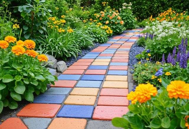 Colorful pavers in a garden