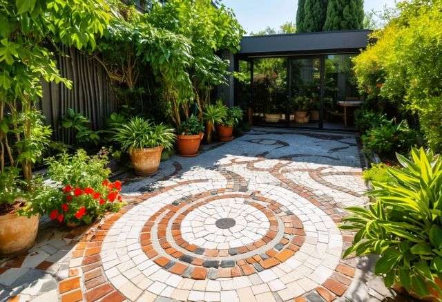 Artistic paving in sunny courtyard