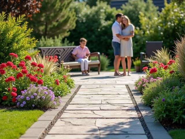 A serene outdoor scene showing a beautiful patio made of both concrete and stone pavers, surrounded by vibrant flowers and greenery, with a smiling family enjoying a sunny day in the background.