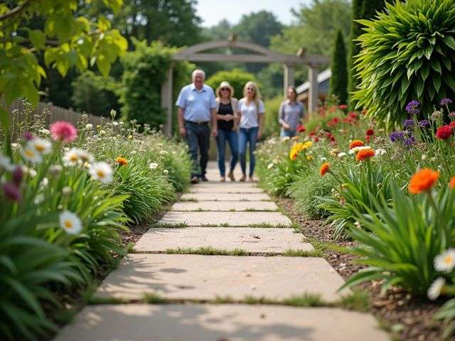 A serene garden pathway made of recycled pavers, surrounded by lush greenery and colorful flowers, with a group of smiling homeowners discussing landscaping ideas in the background