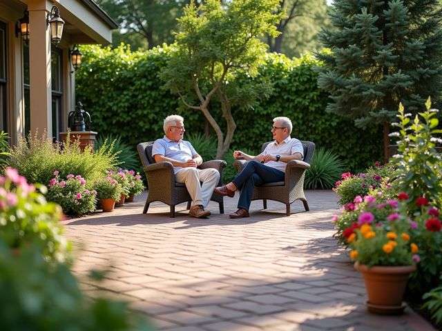 A serene outdoor patio made of elegant brick pavers, surrounded by lush greenery and colorful flowers, with a couple of smiling people enjoying a sunny day, engaged in conversation