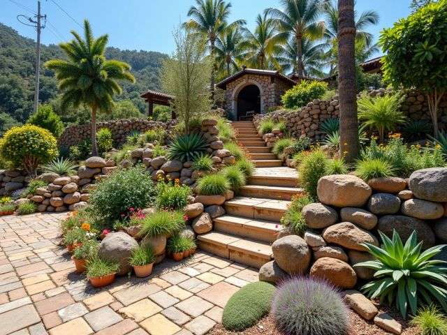 A beautiful landscaping scene in Monrovia featuring creatively repurposed materials like stones, wood, and bricks, with vibrant plants and flowers, all under a clear blue sky, showcasing a positive and eco-friendly environment.