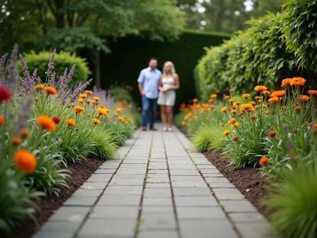 A serene outdoor scene featuring a garden path made of synthetic pavers, surrounded by lush greenery and colorful flowers, with a couple of smiling people enjoying the space in the background, not looking at the camera.